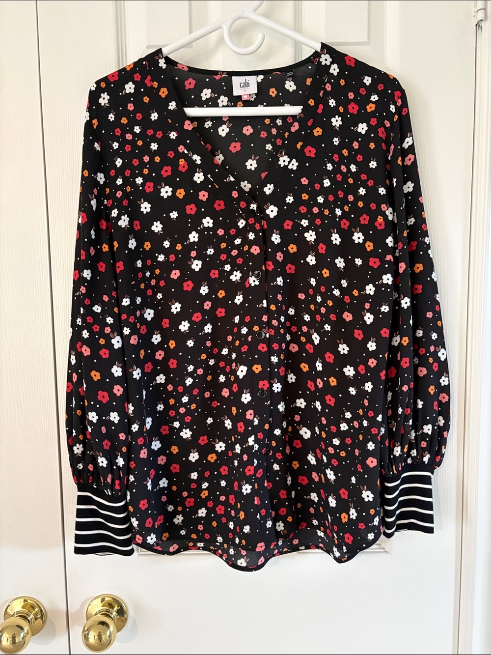 CAbi Black Floral Long-Sleeve Button-Front Top with Red, White & Orange Flowers